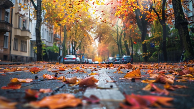 Foto hojas de otoño en la escena de la calle de la ciudad ilustración del paisaje urbano de otoño