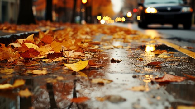 Las hojas de otoño están esparcidas por el suelo húmedo brillando en la lluvia.