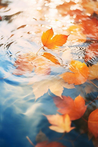 hojas de otoño flotando en el agua tranquila de cerca