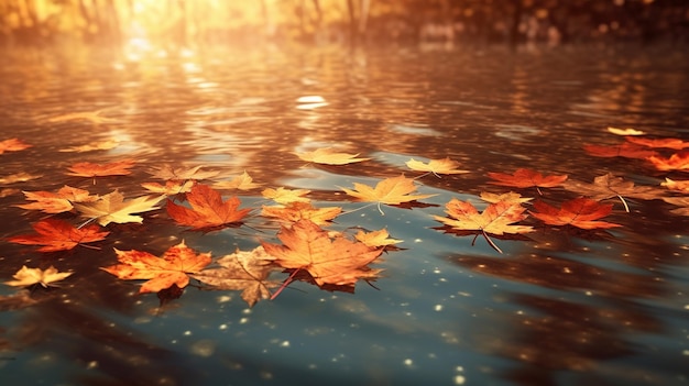 Hojas de otoño flotando en un lago