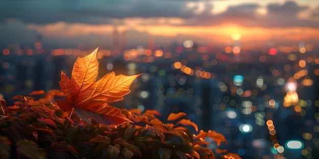 Hojas de otoño en el fondo de la ciudad al atardecer Fondo de otoño generado por Ai