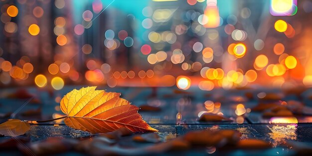 Hojas de otoño en el fondo de la ciudad al atardecer Fondo de otoño generado por Ai