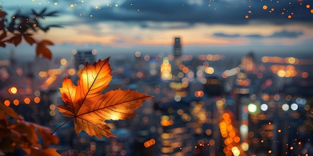 Hojas de otoño en el fondo de la ciudad al atardecer Fondo de otoño generado por Ai