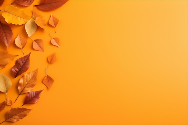 hojas de otoño en fondo naranja con espacio de copia