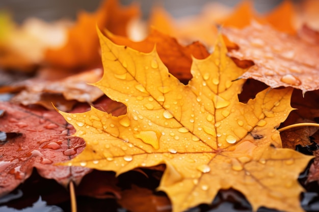 Hojas de otoño con gotas de rocío