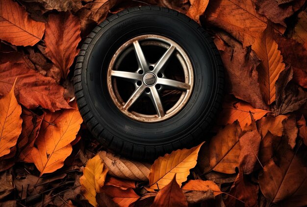 hojas de otoño y hojas tendidas en el suelo cerca de un neumático de automóvil al estilo de trabajos de carrocería