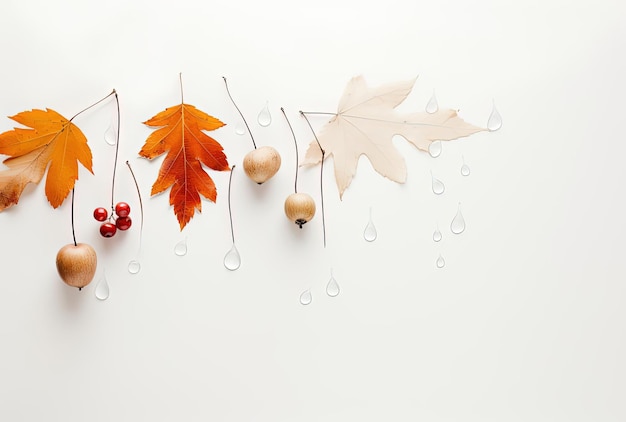 hojas de otoño marco plano aislado sobre bellotas y naranjas goteando al estilo minimalista