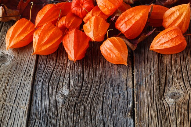 Hojas de otoño en la mesa de madera rústica