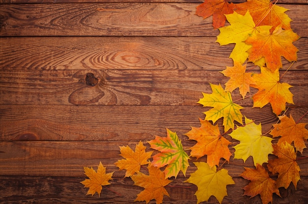 Hojas de otoño en mesa de madera