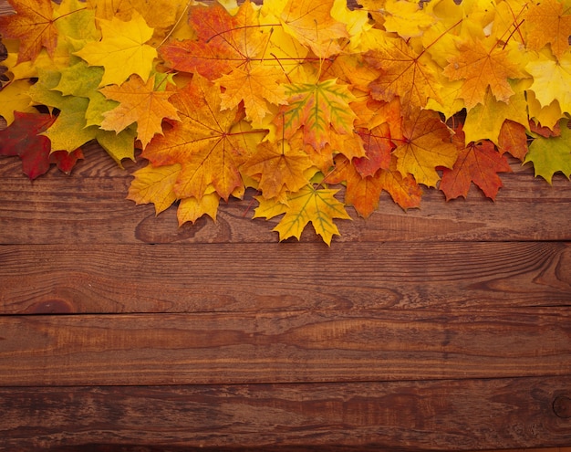Hojas de otoño en una mesa de madera