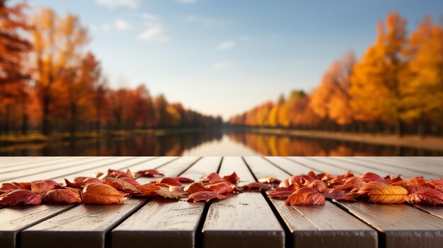 Foto hojas de otoño en un muelle