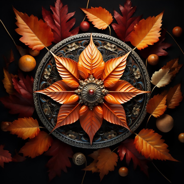 hojas de otoño en primer plano con estilo artístico mandala