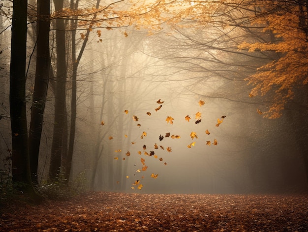 Hojas de otoño que caen con un bosque como telón de fondo