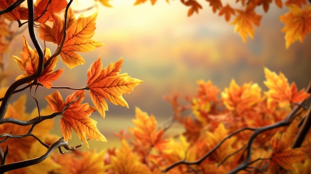 hojas de otoño en la rama de un árbol con un sol al fondo