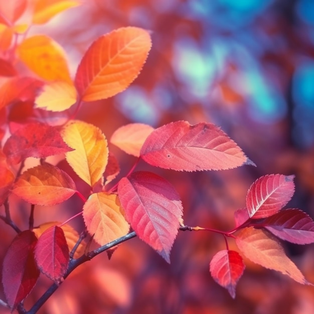 Hojas de otoño en una rama con un cielo azul de fondo