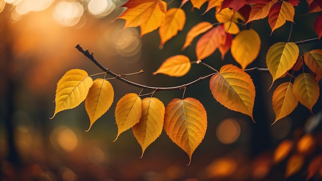 Hojas de otoño en una rama con la palabra otoño en la parte inferior derecha