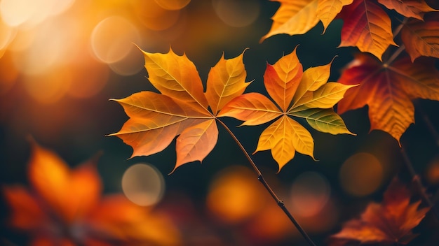 Hojas de otoño en una rama con el sol brillando sobre ellas