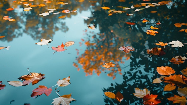 Las hojas de otoño se reflejan en la escena natural del tranquilo lago con hojas flotantes