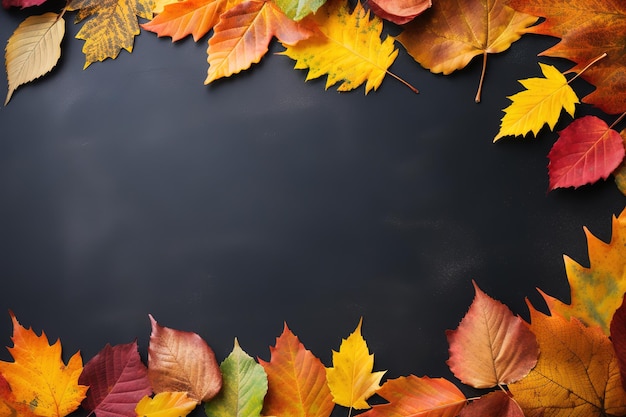 Hojas de otoño sobre fondo de madera negra con espacio de copia Vista superior