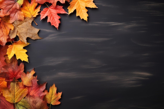 Hojas de otoño sobre fondo de madera negra con espacio de copia Vista superior