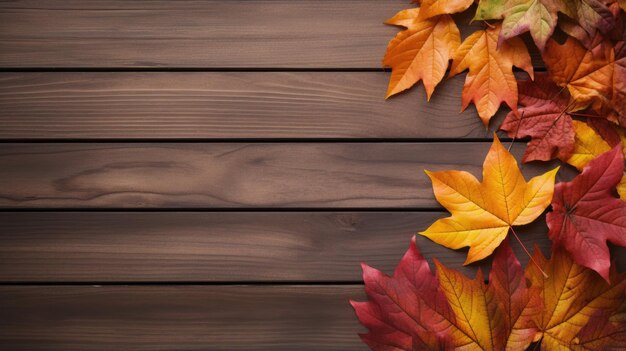 Hojas de otoño sobre fondo de madera Vista superior con espacio de copia generado por ai