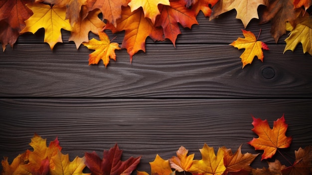 Hojas de otoño sobre fondo de madera Vista superior con espacio de copia generado por ai
