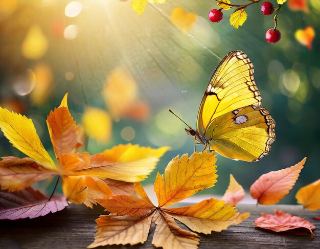 hojas de otoño sobre fondo otoñal con una mariposa amarilla