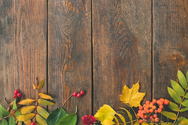 Hojas de otoño sobre la superficie de madera rugosa. Caída colorida.