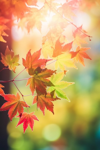 Hojas de otoño con el sol brillando sobre ellas