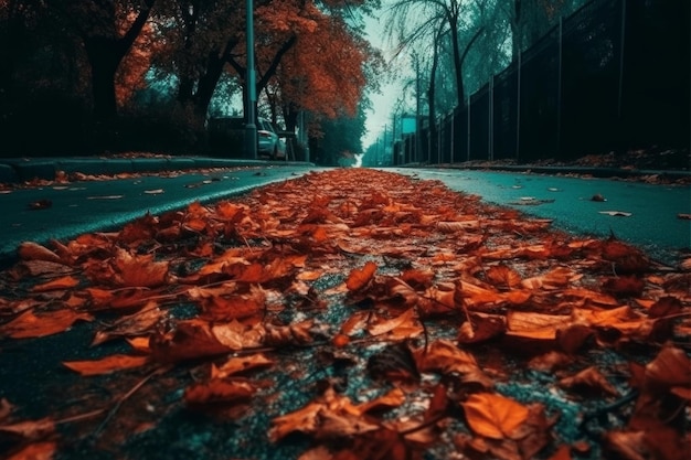 Hojas de otoño en el suelo en la calle