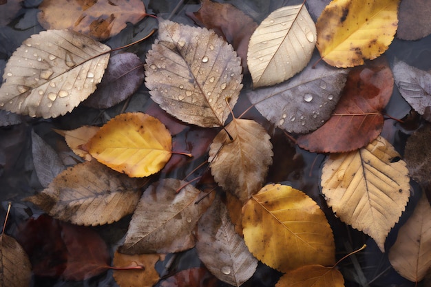 Hojas de otoño en el suelo bajo la lluvia Primer plano