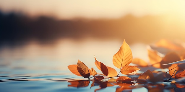 Hojas de otoño en la superficie del agua al atardecer hermoso fondo de la naturaleza