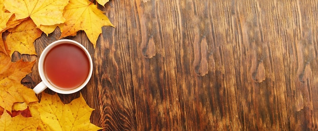 Hojas de otoño con una taza de té o café en una pancarta de fondo de madera