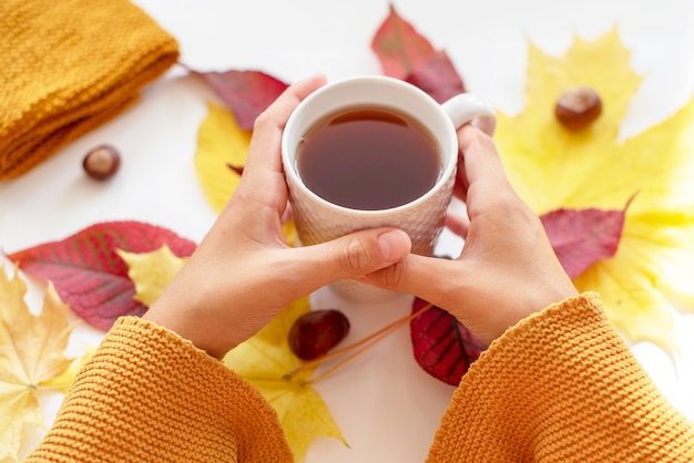 hojas de otoño y taza de té