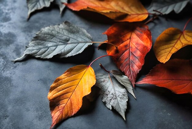 Hojas de otoño en varios colores yacen con un fondo de hormigón