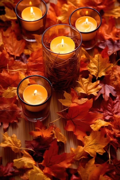 Hojas de otoño y velas como pieza central de la mesa creadas con IA generativa