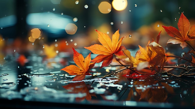 Hojas de otoño en el vidrio de la ventana en un día de lluvia