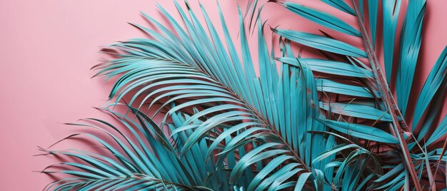 Hojas de palma azul en un fondo rosado