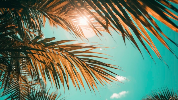 Hojas de palma contra un cielo azul con el sol brillando a través de ellas.