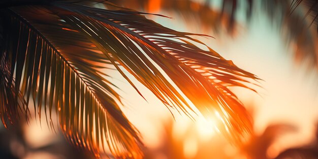 Hojas de palma en la playa al atardecer Fondo tropical