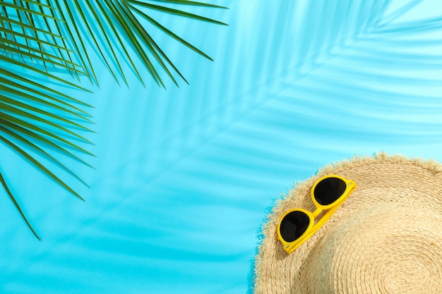 Hojas de palma, sombrero de paja y gafas de sol sobre fondo de color
