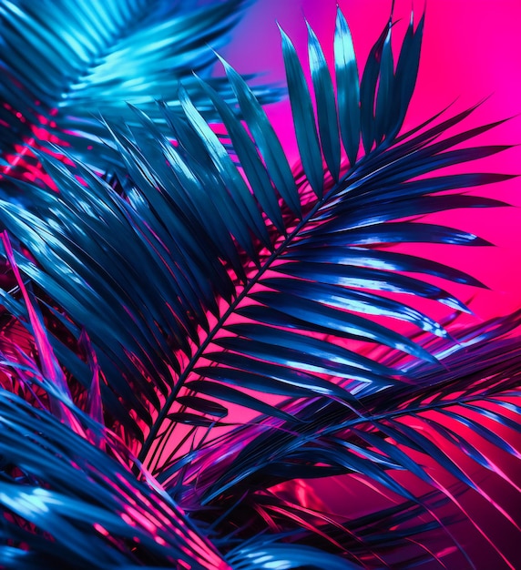 Hojas de palma tropicales en rosa y azul contra un fondo rosa brillante