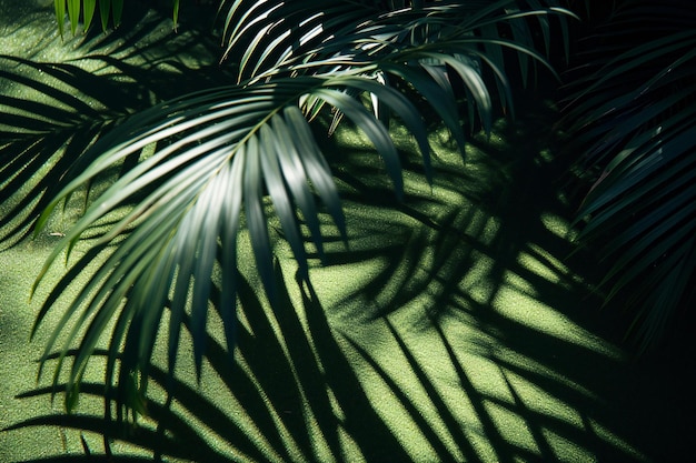 Foto hojas de palma tropicales sobre un fondo verde con sombras y luz solar