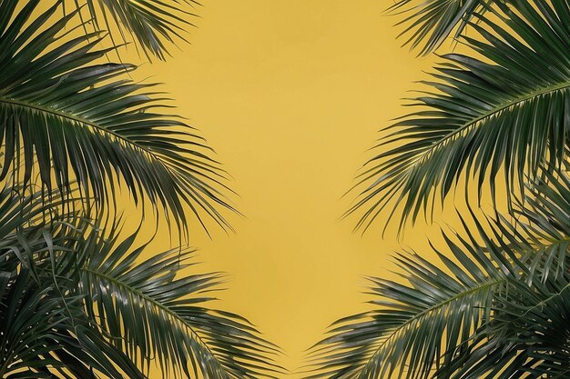 Hojas de palma verdes tropicales en el fondo amarillo del espacio de copia arc v
