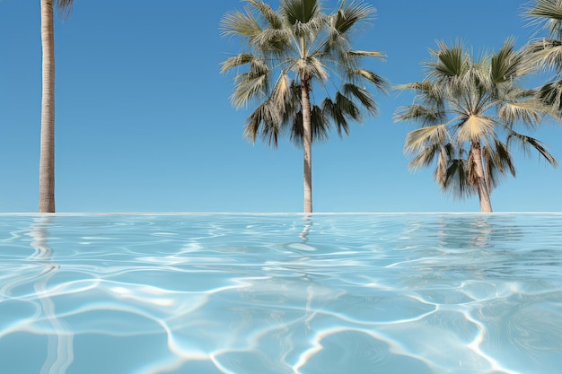 Hojas de palmera con piscina, primer plano extremo, IA generativa