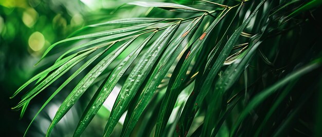 Las hojas de las palmeras con gotas de rocío