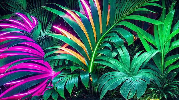 Hojas de palmeras tropicales Luces de neón