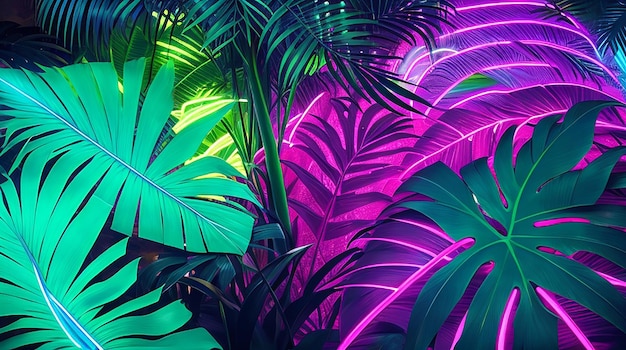 Foto hojas de palmeras tropicales luces de neón