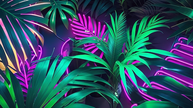 Hojas de palmeras tropicales Luces de neón