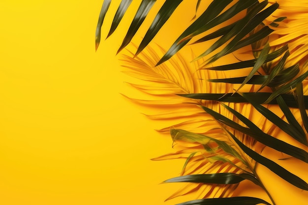 Hojas de palmeras tropicales sobre fondo amarillo Concepto de verano